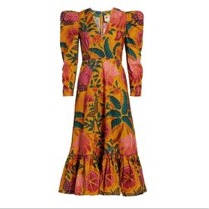 farm rio floral printed puff sleeve midi dress